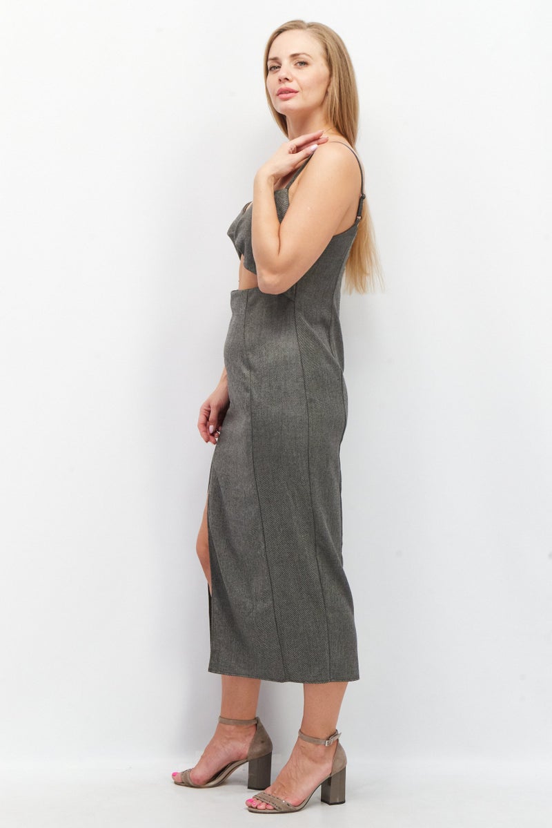 Women Sleeveless Keyhole Tailored Midi Dress, Grey Combo