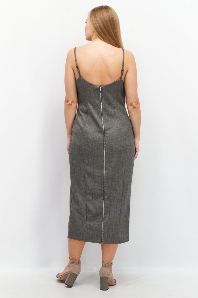 Women Sleeveless Keyhole Tailored Midi Dress, Grey Combo