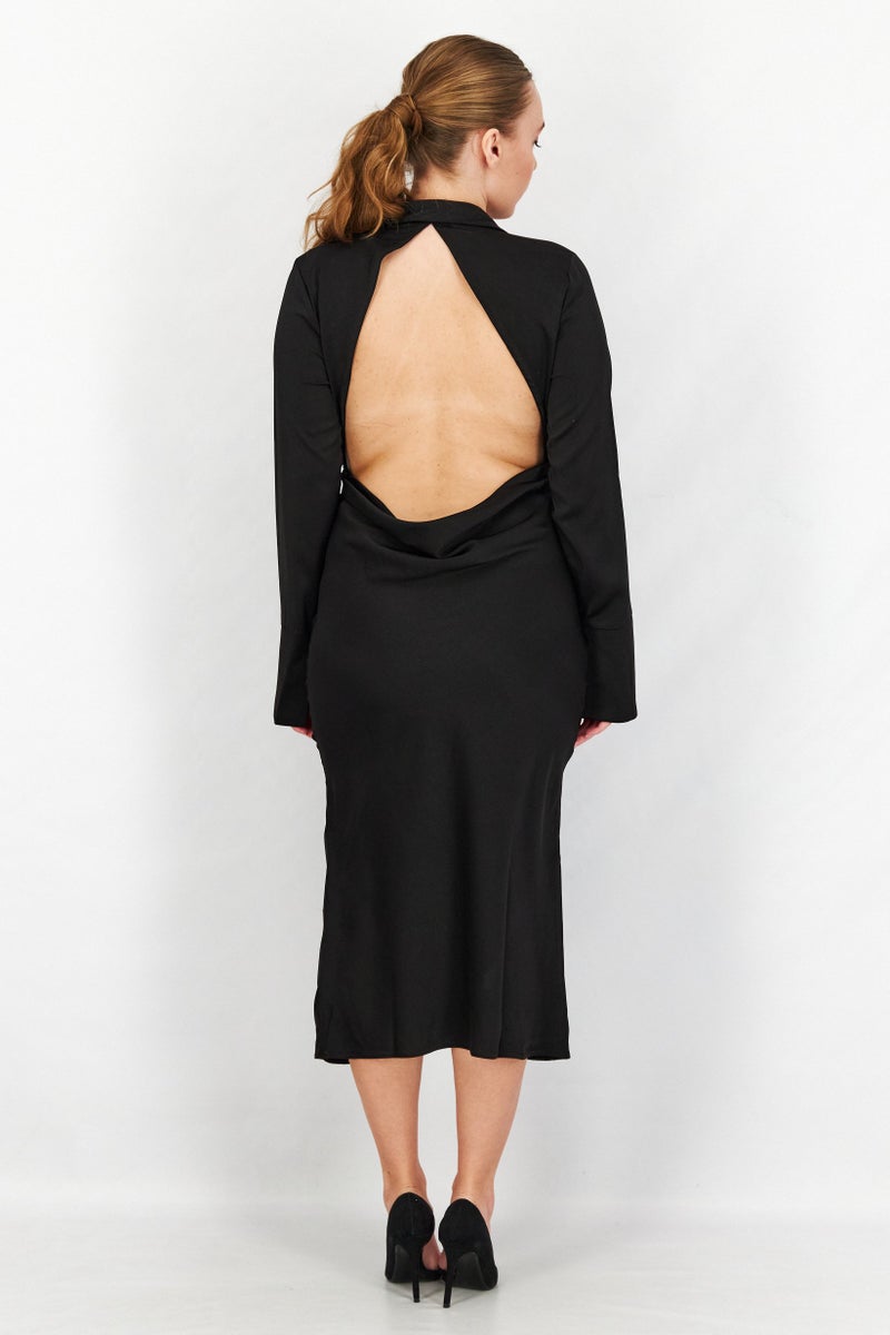 Women Plain Cut Out Back Midi Dress, Black