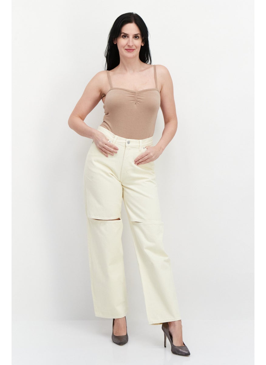 Women Regular Fit Mid Rise With Slit Knee Carpenter Jeans, Cream