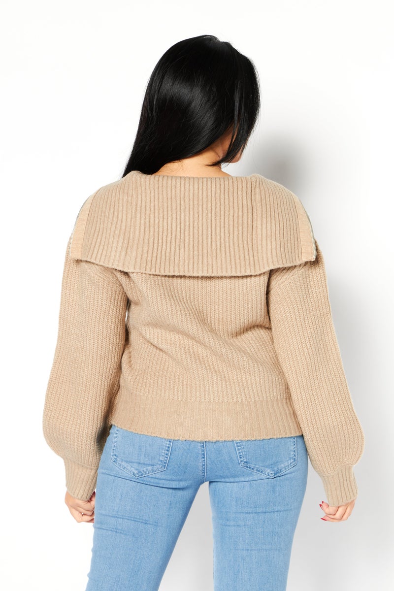 Women V-Neck Knitted Sweater, Heather Camel