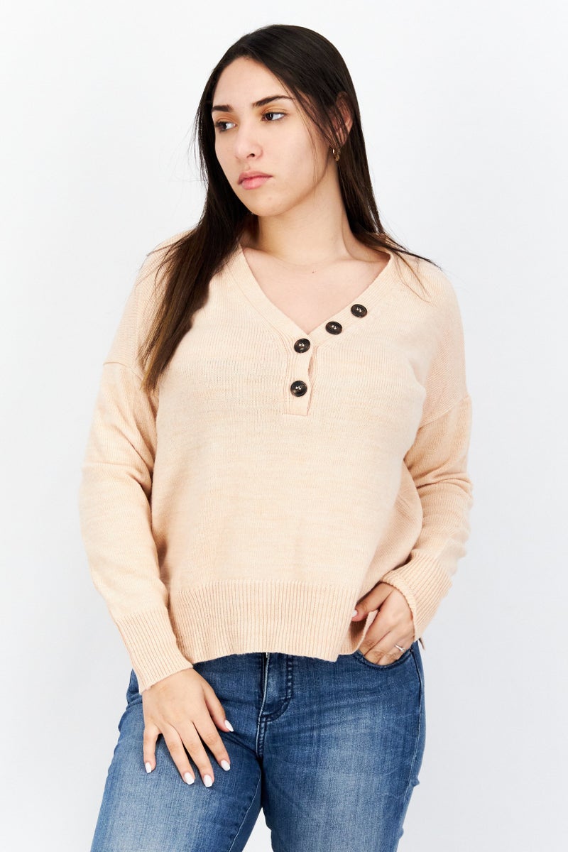 Women V Neck Knitted Sweaters, Light Peach