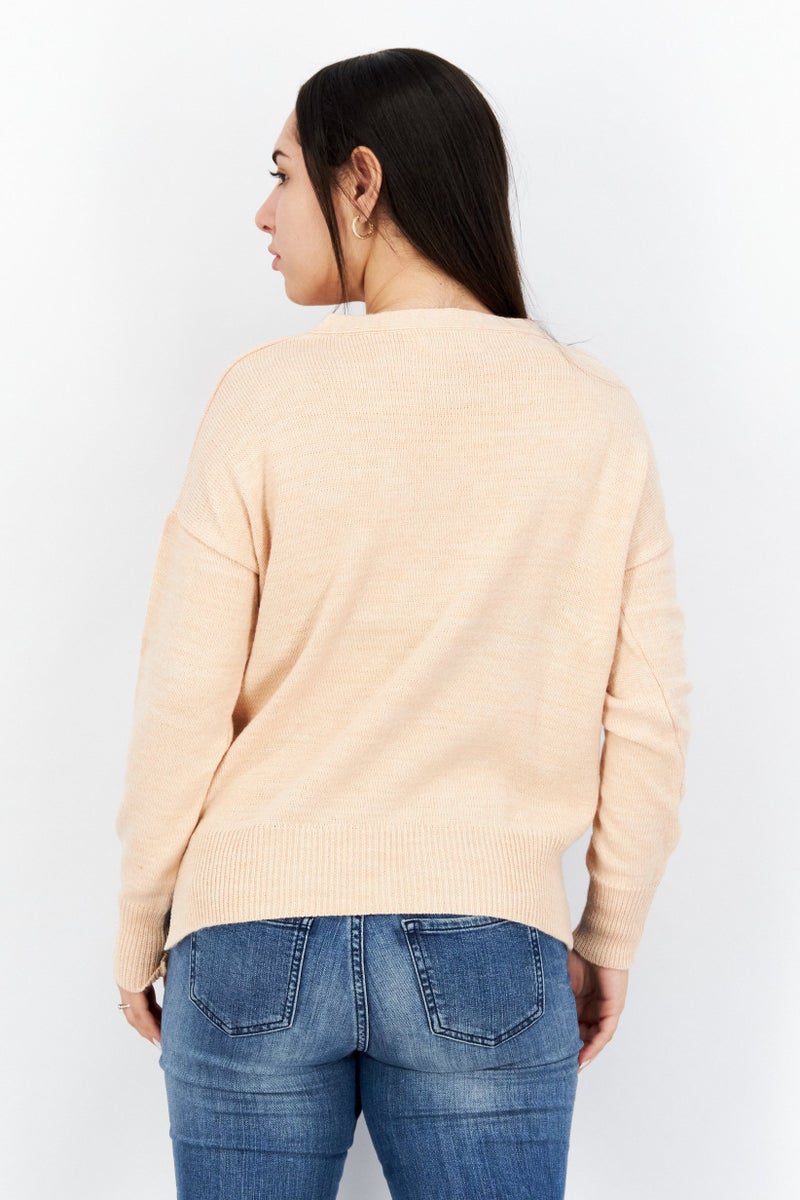 Women V Neck Knitted Sweaters, Light Peach