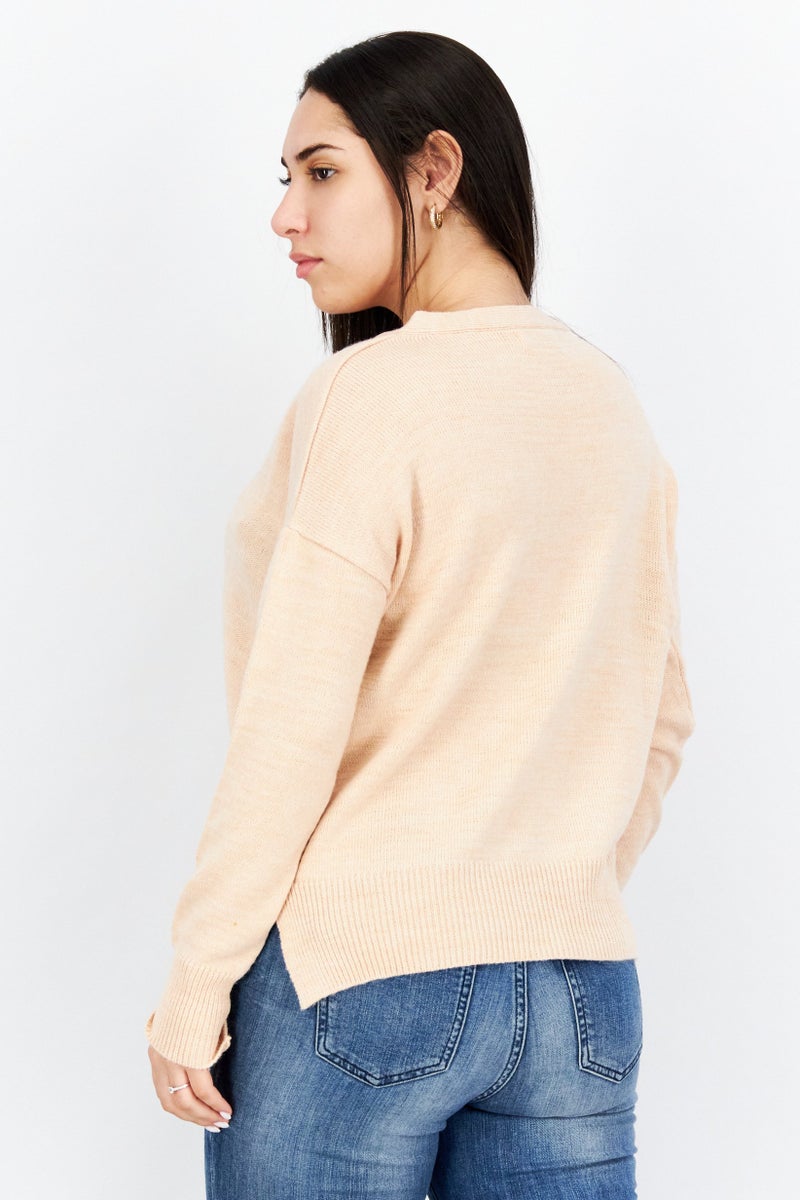 Women V Neck Knitted Sweaters, Light Peach