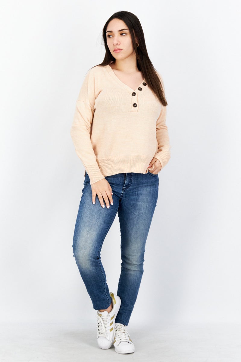 Women V Neck Knitted Sweaters, Light Peach