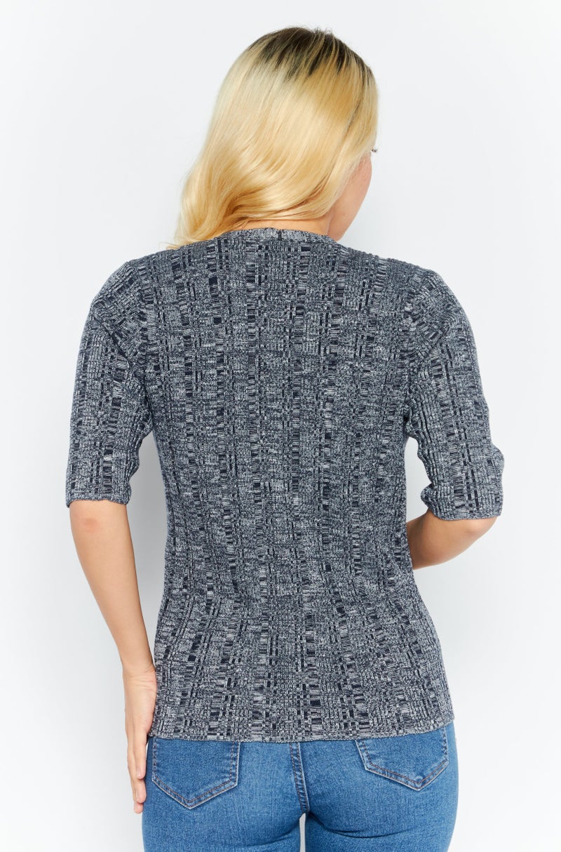 Women V-Neck Textured Sweater, Navy Blue Combo