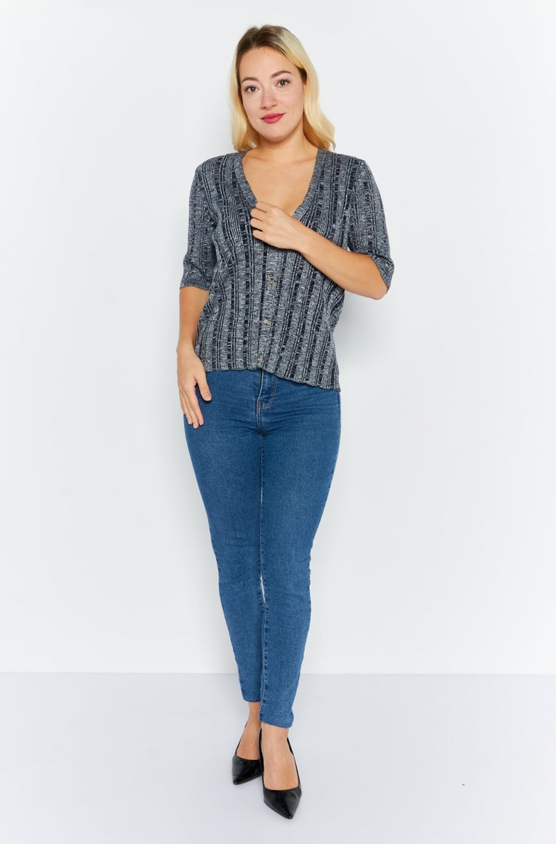 Women V-Neck Textured Sweater, Navy Blue Combo