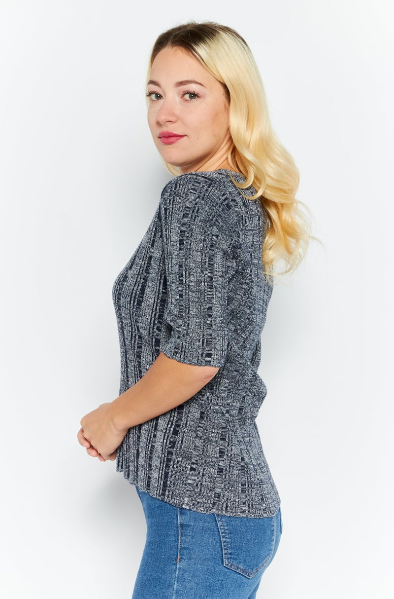 Women V-Neck Textured Sweater, Navy Blue Combo