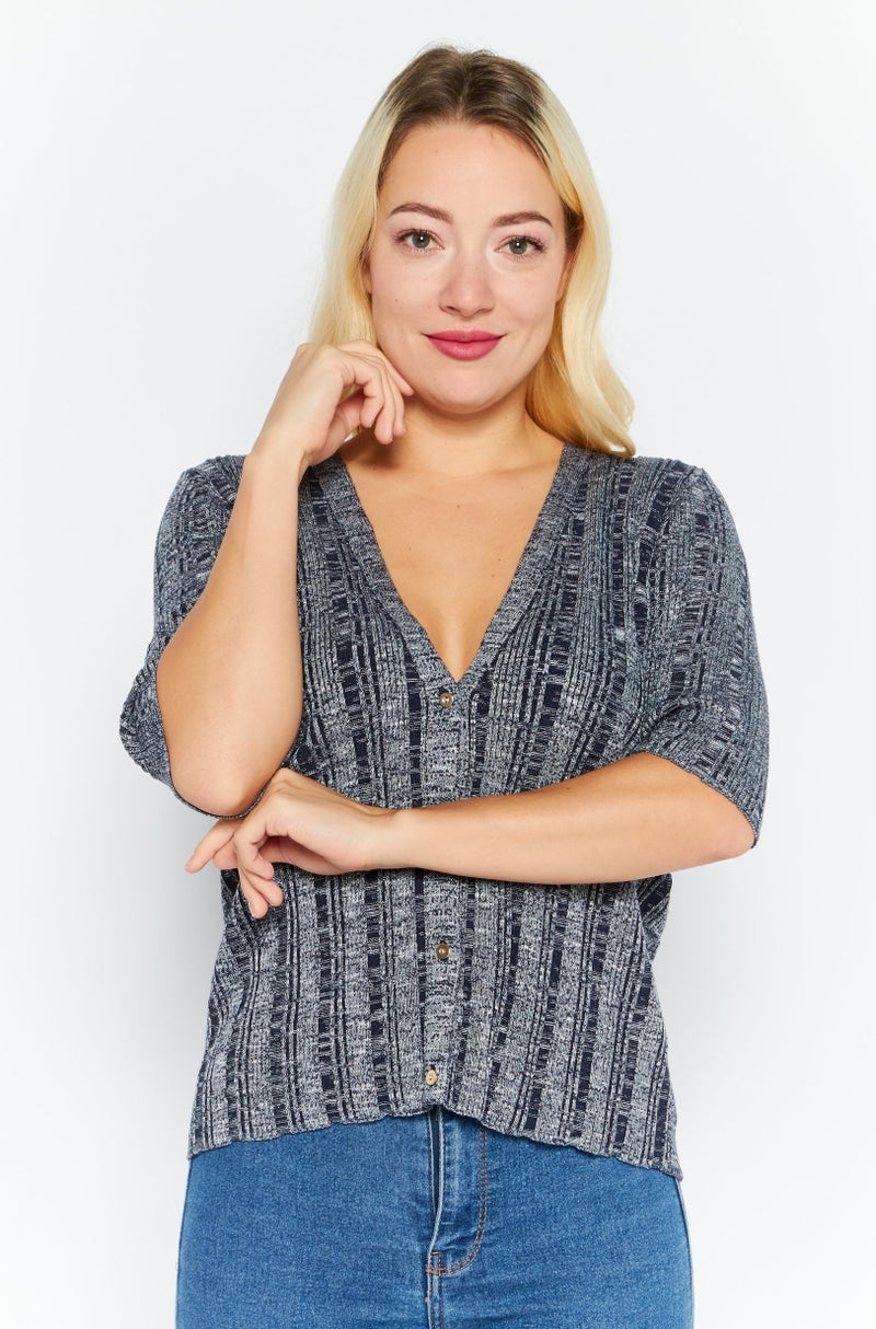 Women V-Neck Textured Sweater, Navy Blue Combo