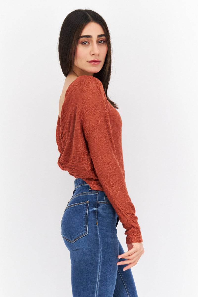 Women Knot Collar Knitted Crop Sweater, Rust