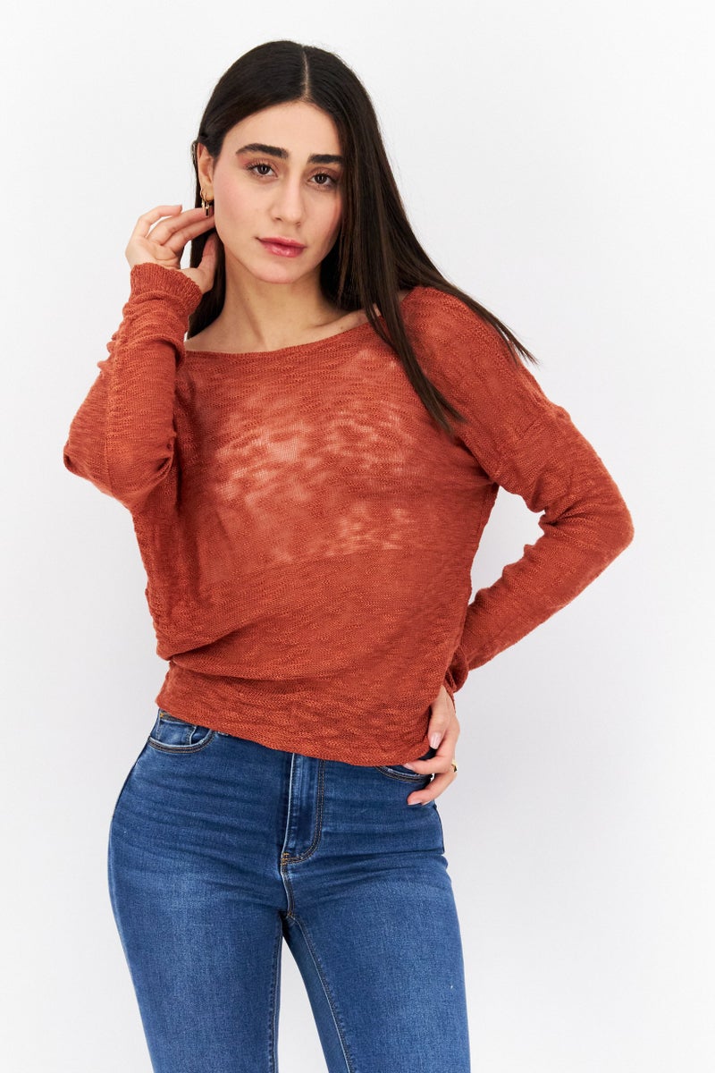 Women Knot Collar Knitted Crop Sweater, Rust