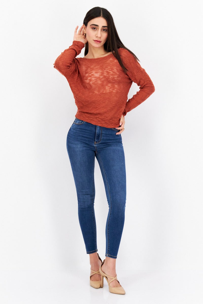 Women Knot Collar Knitted Crop Sweater, Rust