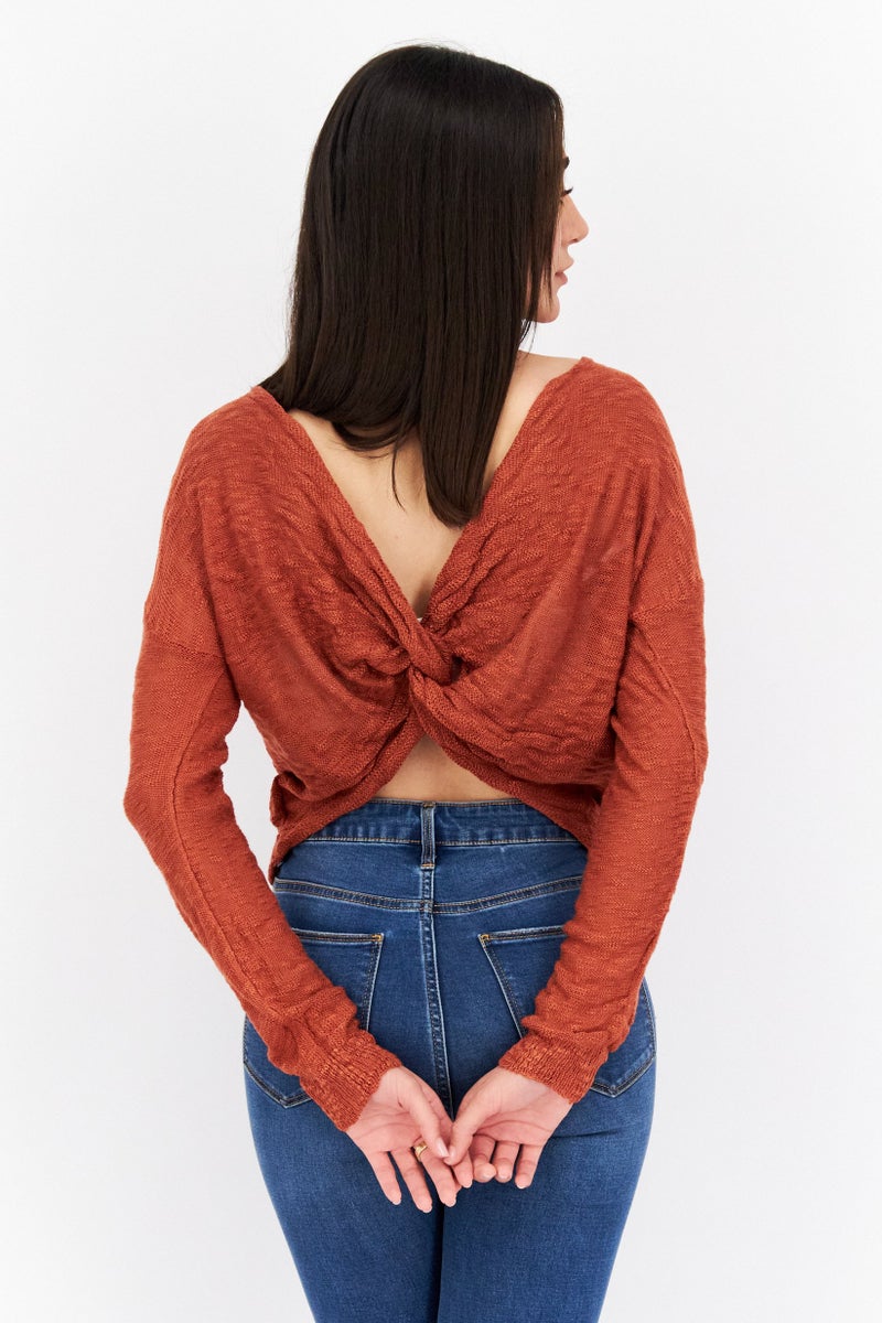 Women Knot Collar Knitted Crop Sweater, Rust