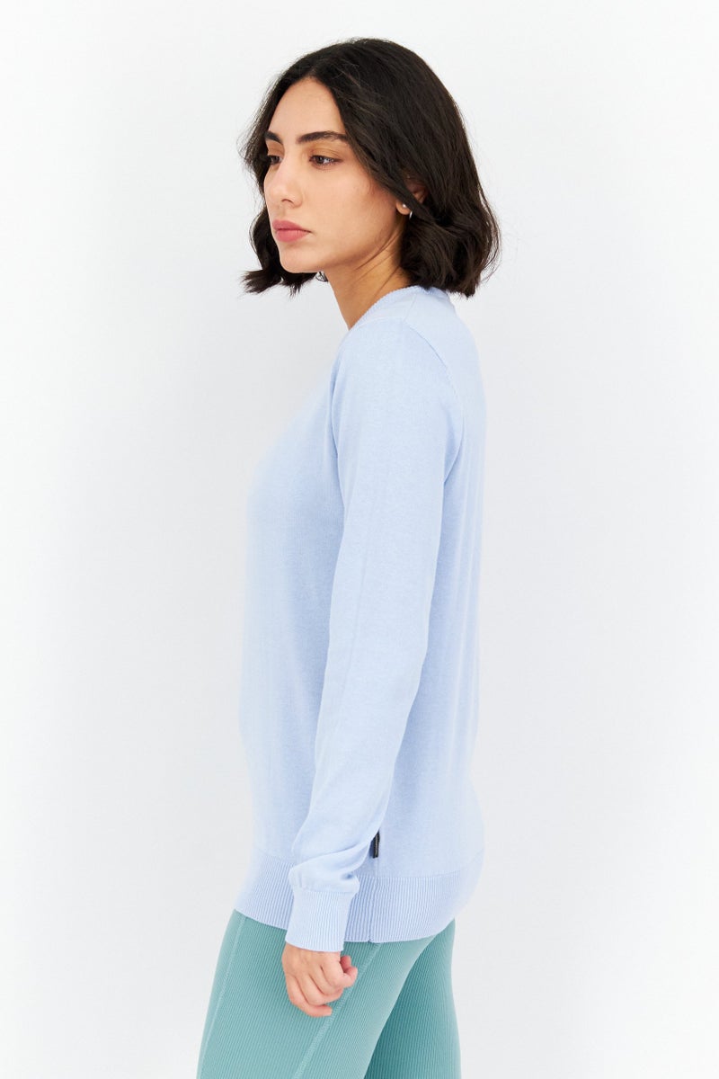 Women Crew Neck Plain Long Sleeves Sweater, Blue