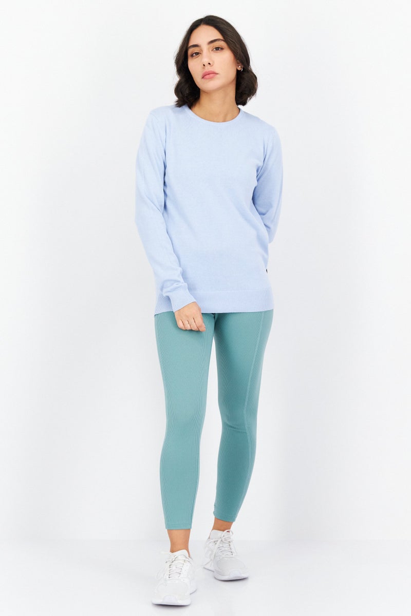 Women Crew Neck Plain Long Sleeves Sweater, Blue
