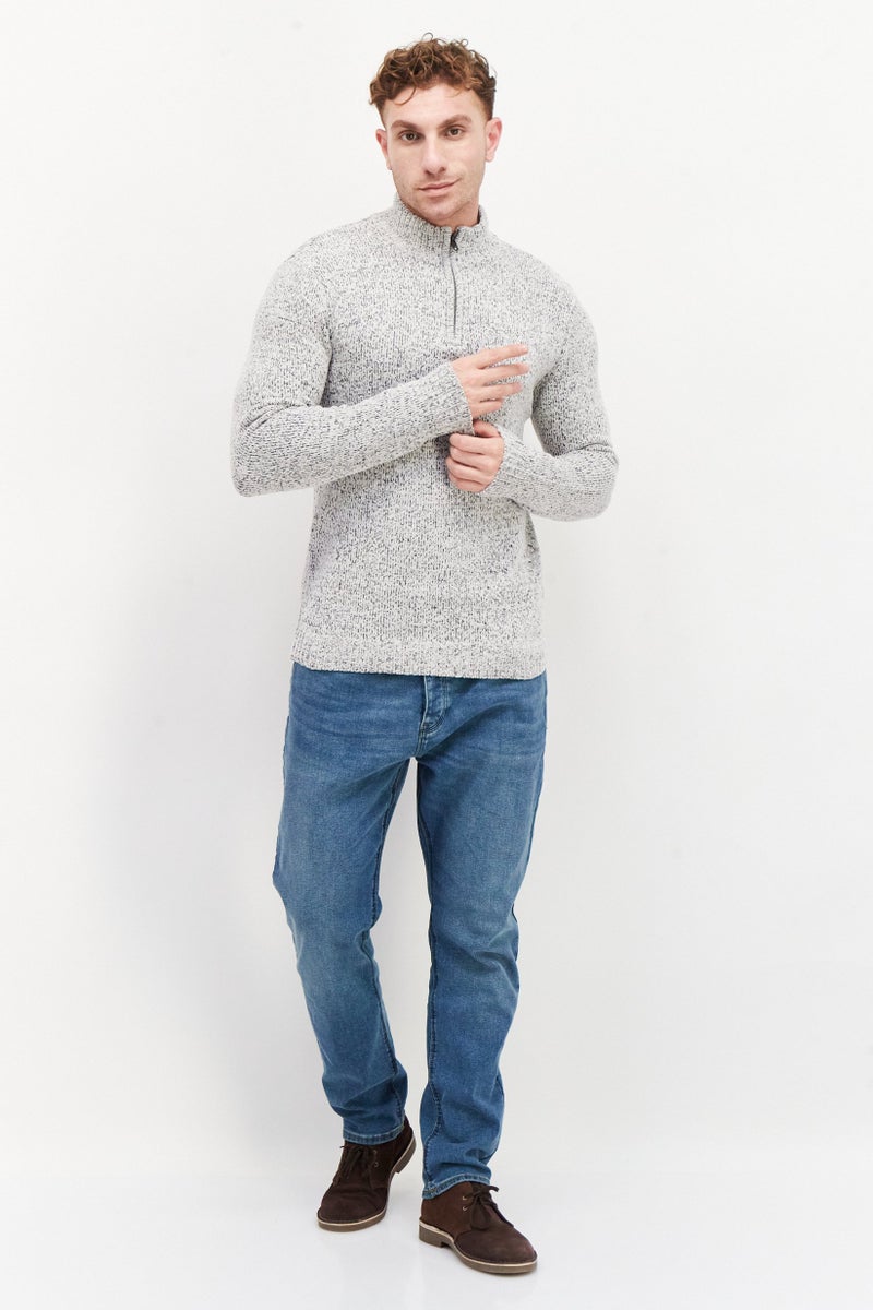 Men Mock Neck Textured Half Zipper Sweater, White