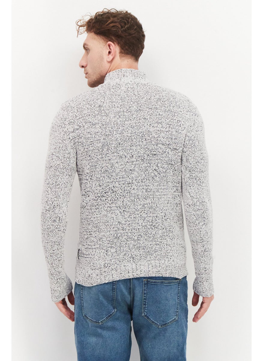 Men Mock Neck Textured Half Zipper Sweater, White