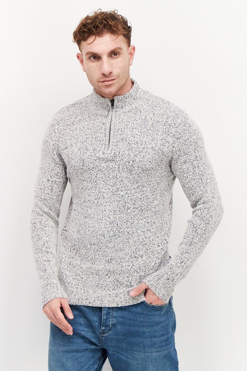 Men Mock Neck Textured Half Zipper Sweater, White