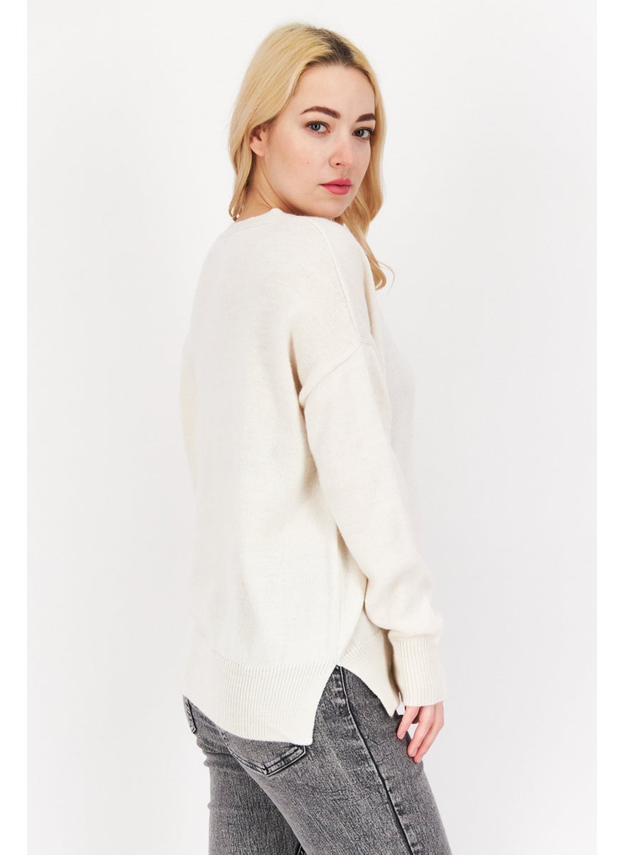 Women V Neck Knitted Sweaters, White