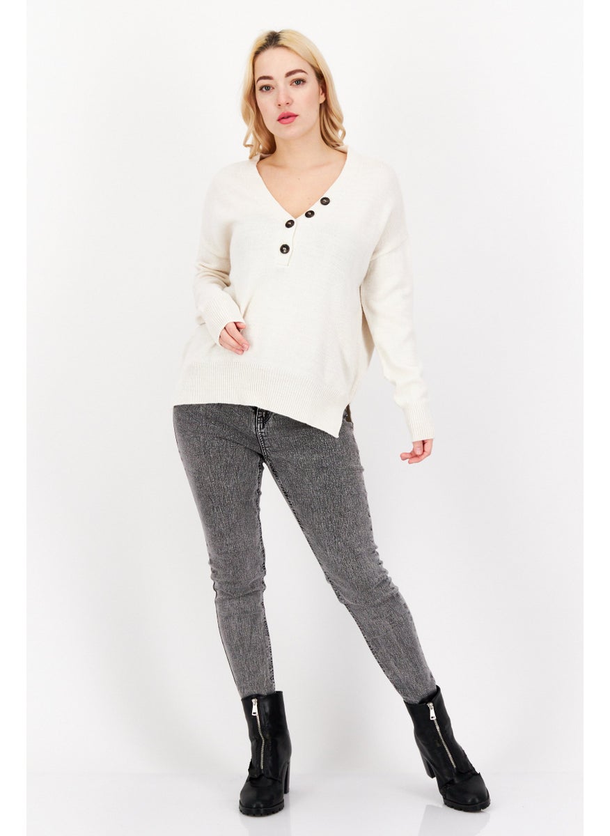 Women V Neck Knitted Sweaters, White