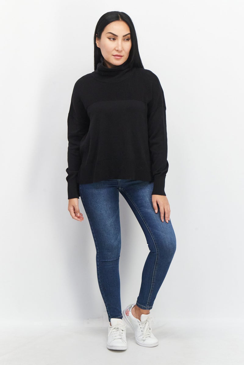 Women Turtle Neck Long Sleeve Textured Sweater, Black