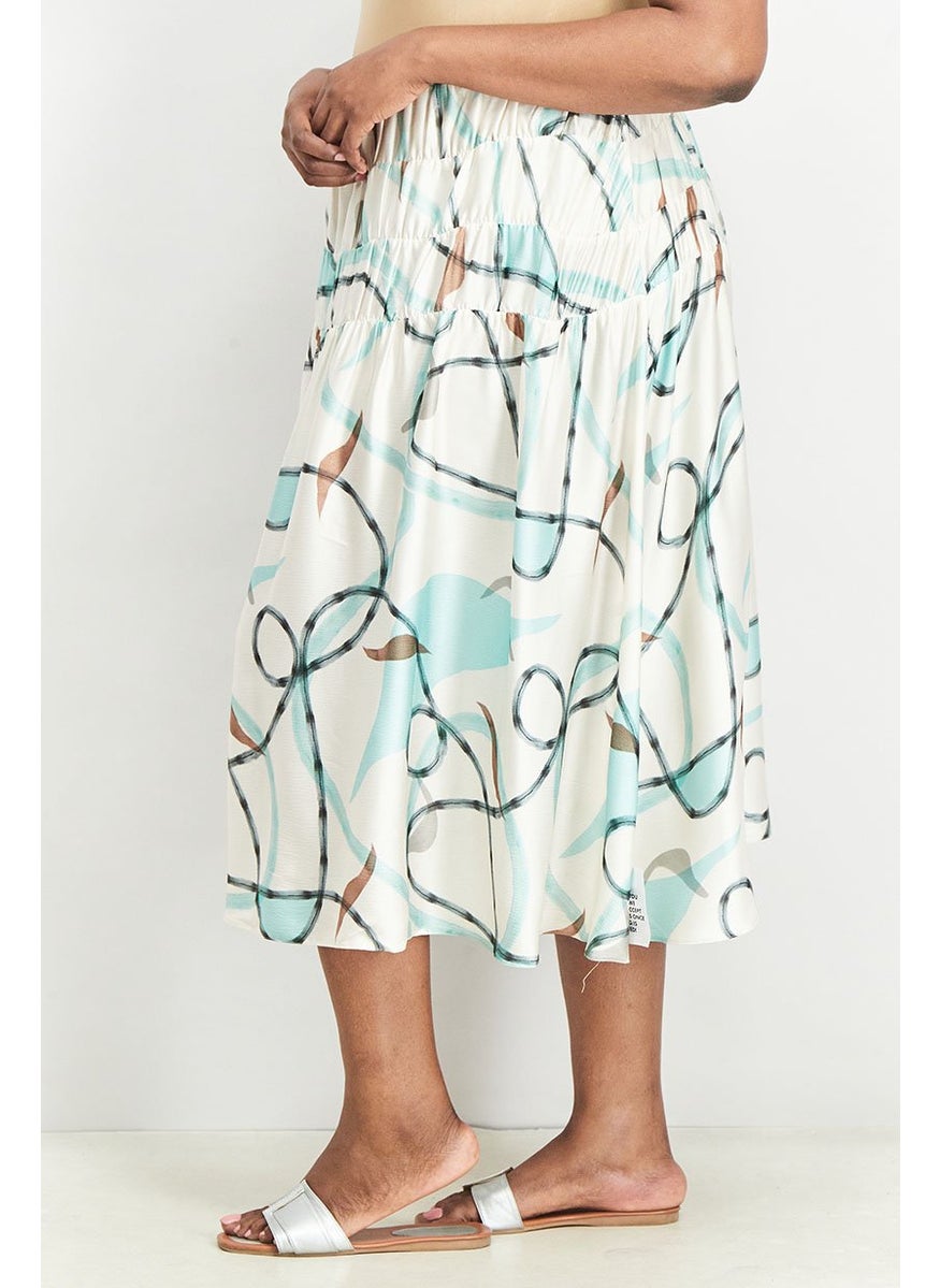 Women Curve Fit Pull On Printed Midi Skirt, Ivory Combo