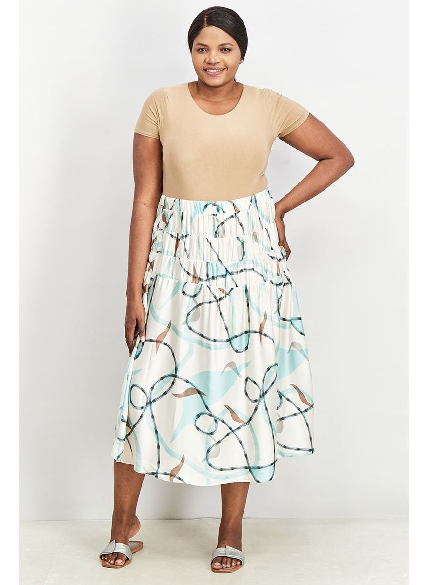 Women Curve Fit Pull On Printed Midi Skirt, Ivory Combo