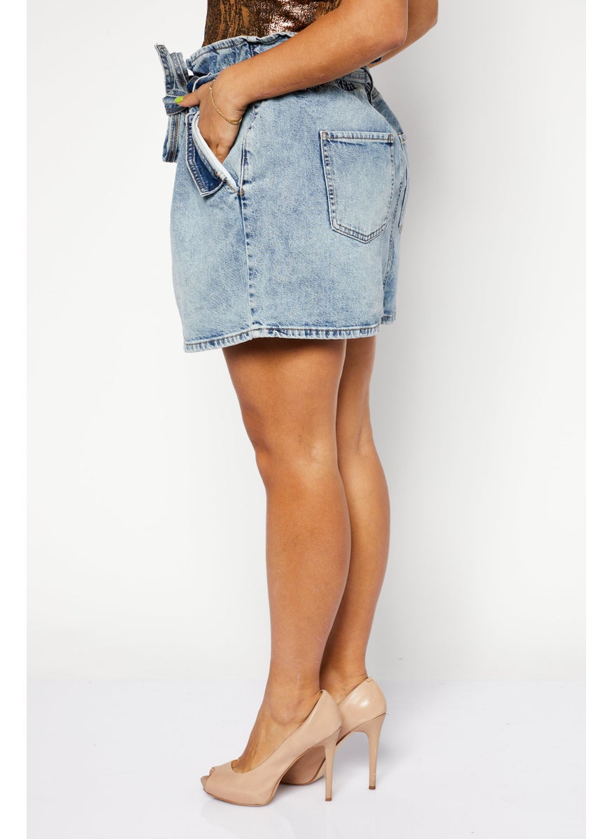 Women Washed  Belted Mini Denim Skirts, Blue
