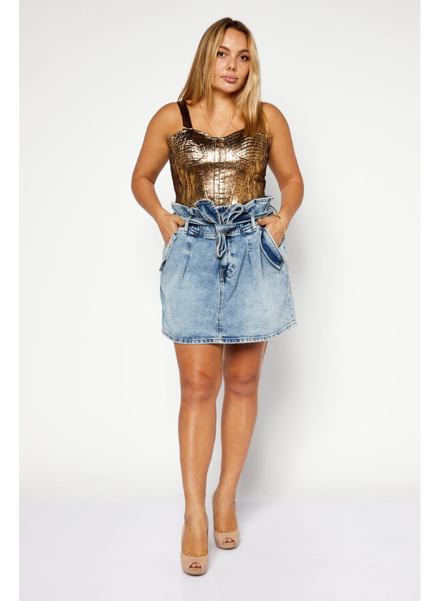 Women Washed  Belted Mini Denim Skirts, Blue