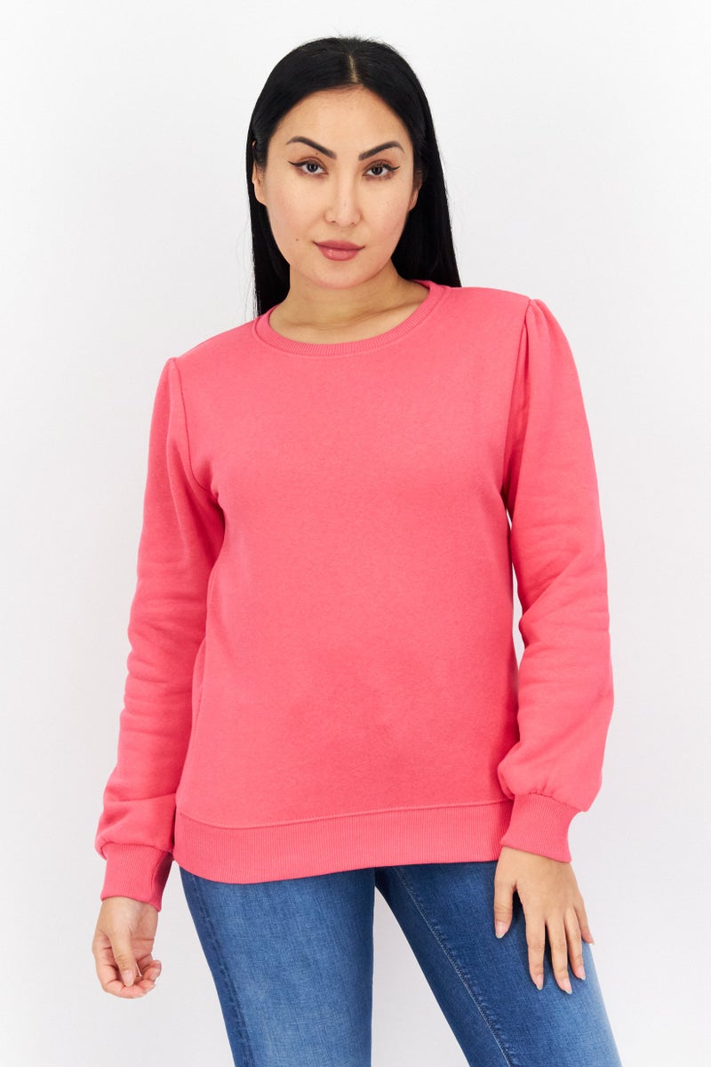 Women Crew Neck Solid Fleece Puff Sleeve Sweatshirts, Dessert Rose