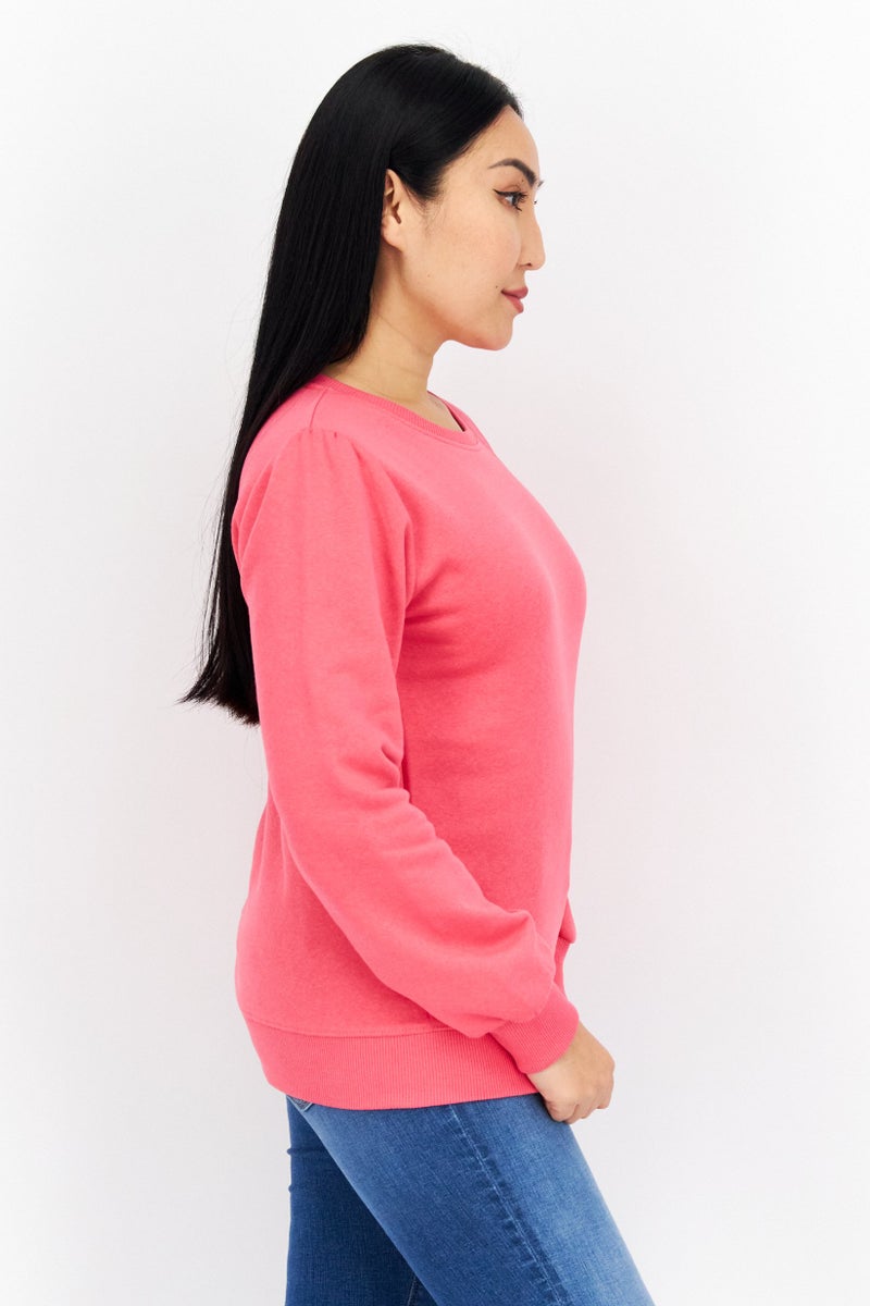 Women Crew Neck Solid Fleece Puff Sleeve Sweatshirts, Dessert Rose