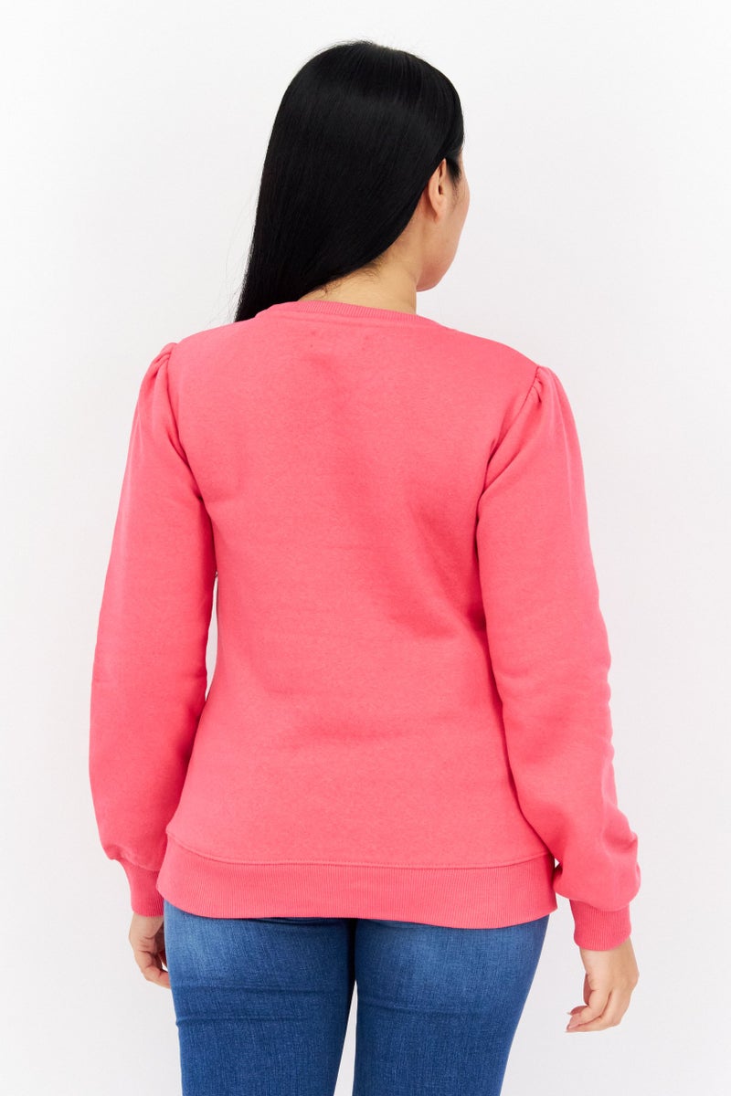 Women Crew Neck Solid Fleece Puff Sleeve Sweatshirts, Dessert Rose
