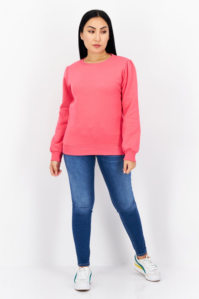 Women Crew Neck Solid Fleece Puff Sleeve Sweatshirts, Dessert Rose