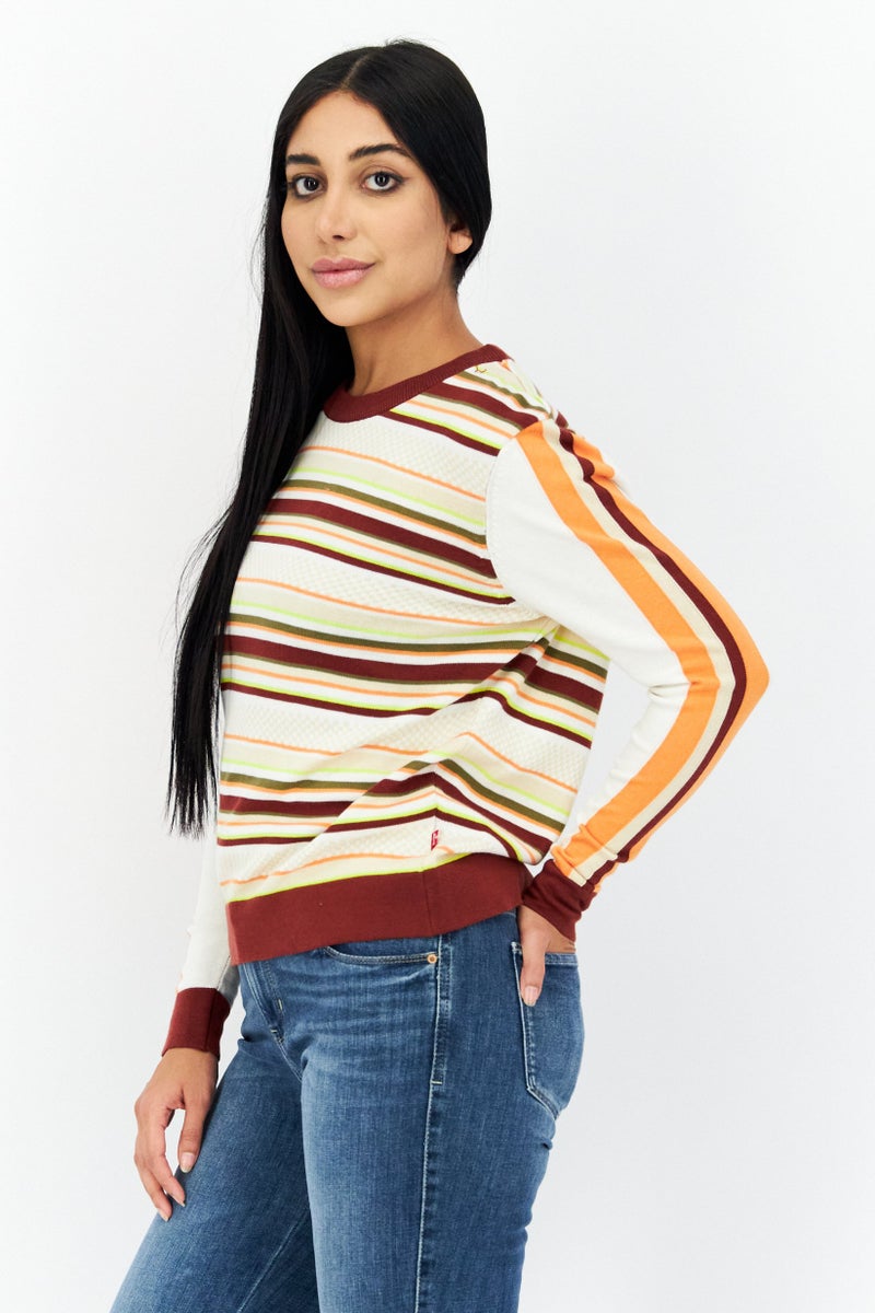 Women Crew Neck Stripe Sweatshirt, Beige Combo