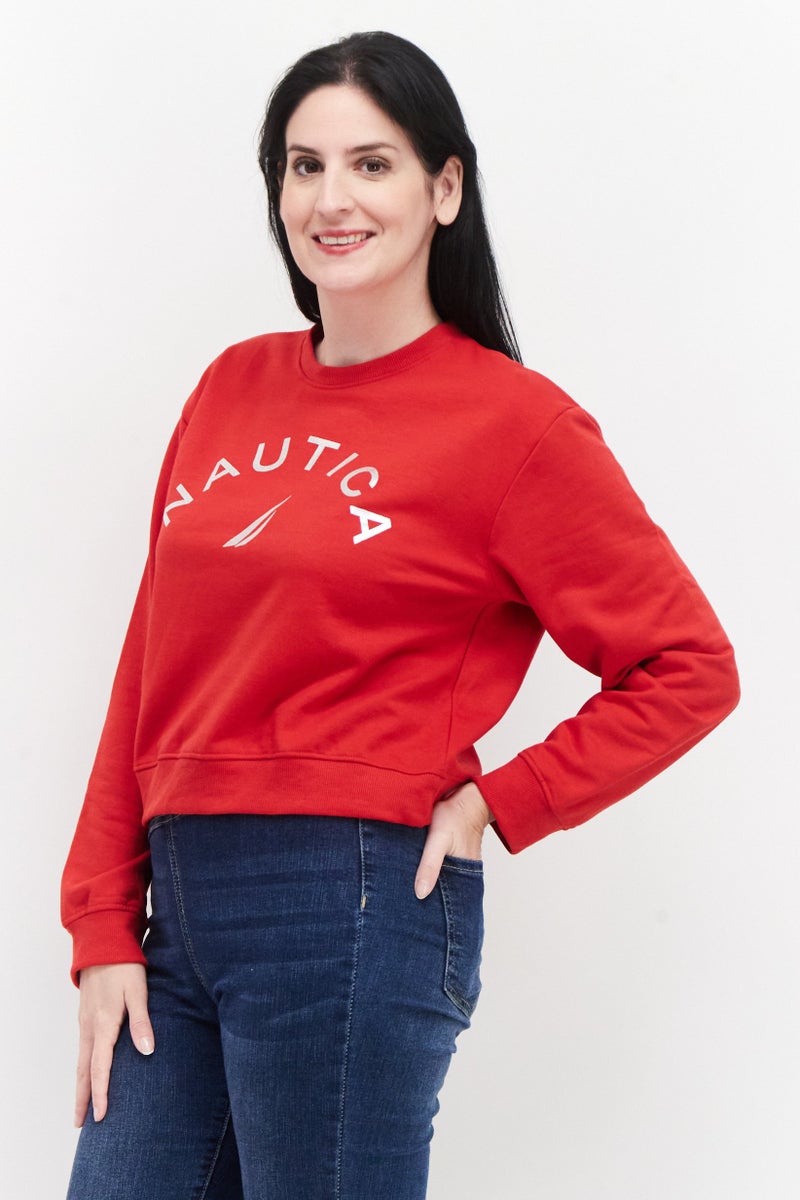 Women Crew Neck Long Sleeve Brand Logo Sweatshirt, Red