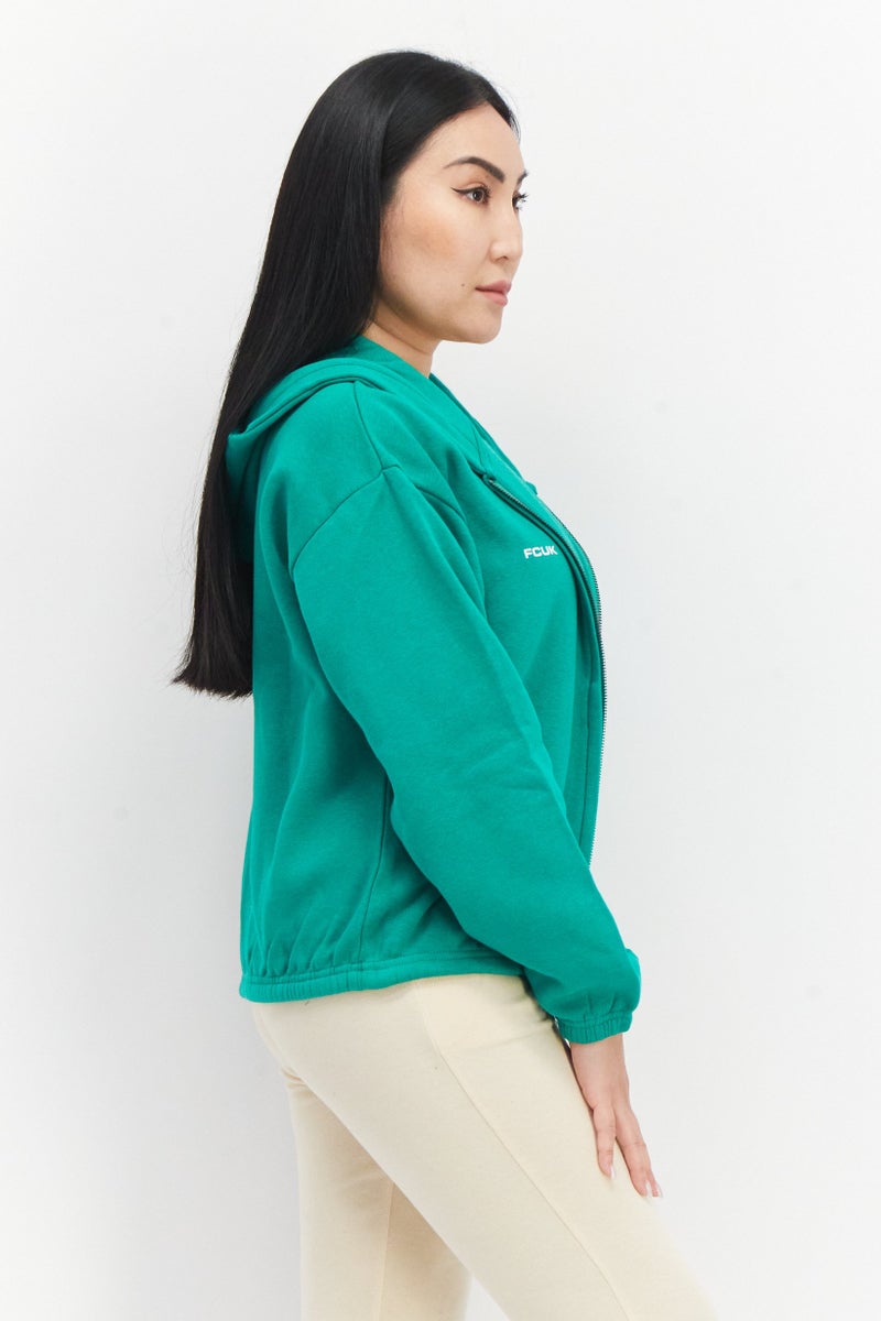 Women Hooded Graphic Print Long Sleeves Sweatshirt, Green