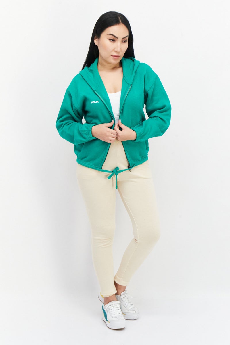Women Hooded Graphic Print Long Sleeves Sweatshirt, Green