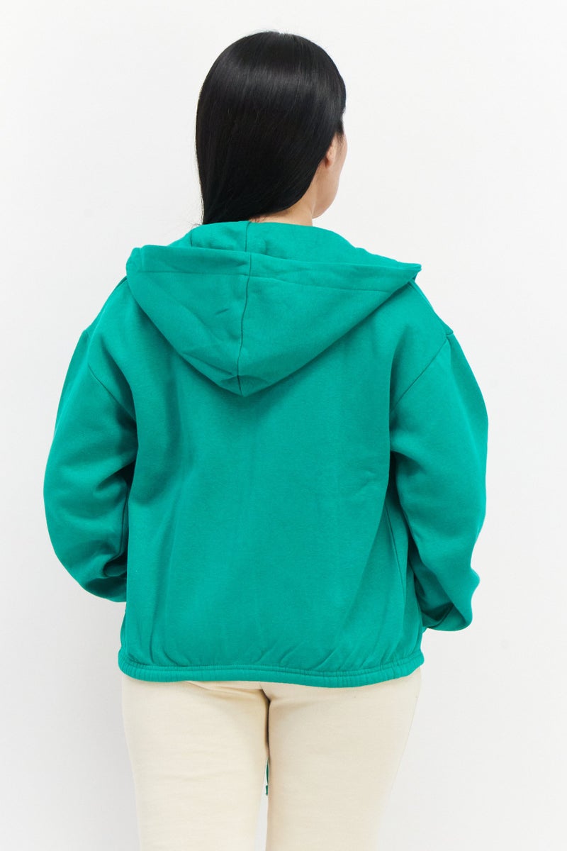 Women Hooded Graphic Print Long Sleeves Sweatshirt, Green