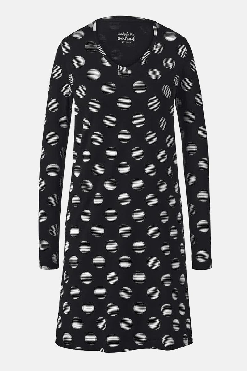 Women Polka Dot Long Sleeve Night Dress, Black/White