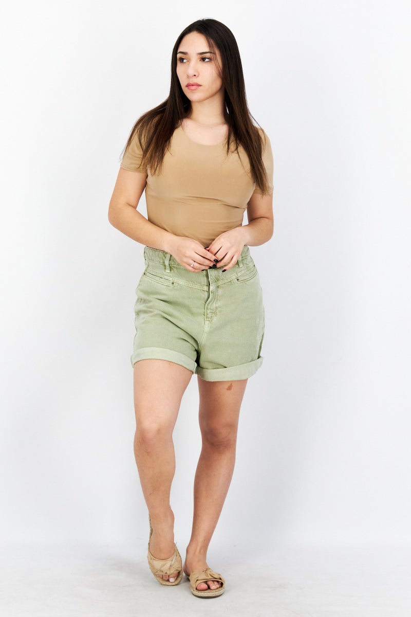 Women Washed Denim Shorts, Olive