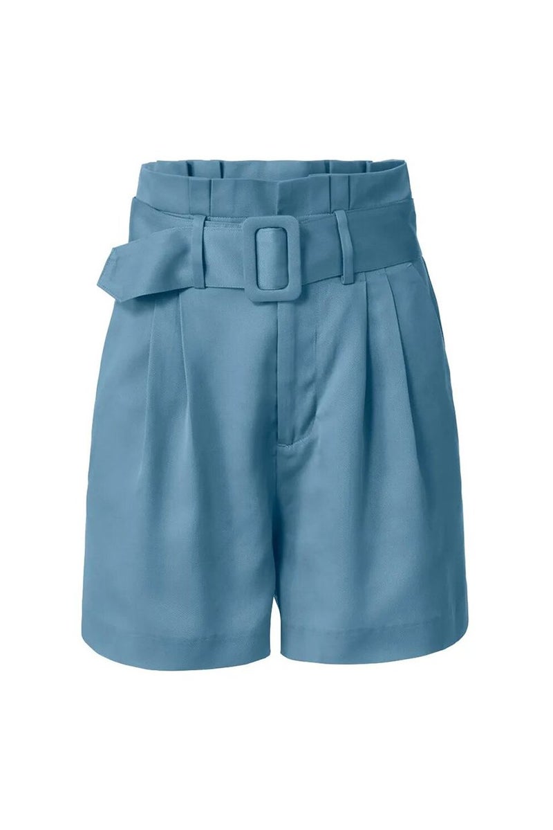 Women Plain Belted Short, Light Blue