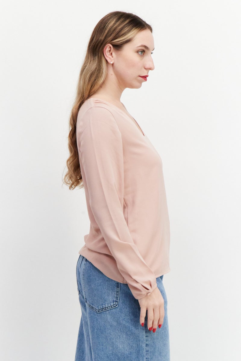 Women U Neck Long Sleeve Plain Top, Old Rose