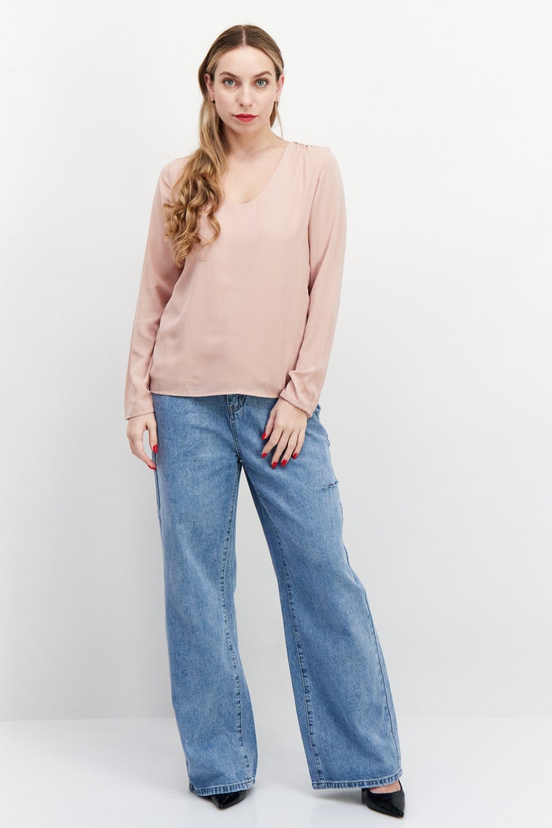 Women U Neck Long Sleeve Plain Top, Old Rose