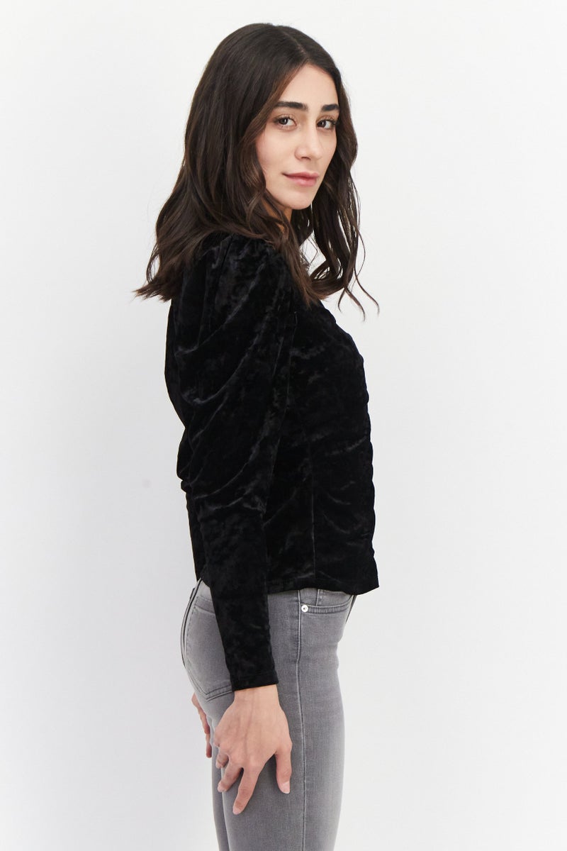Women V-Neck Long Sleeves Textured Blouse, Black