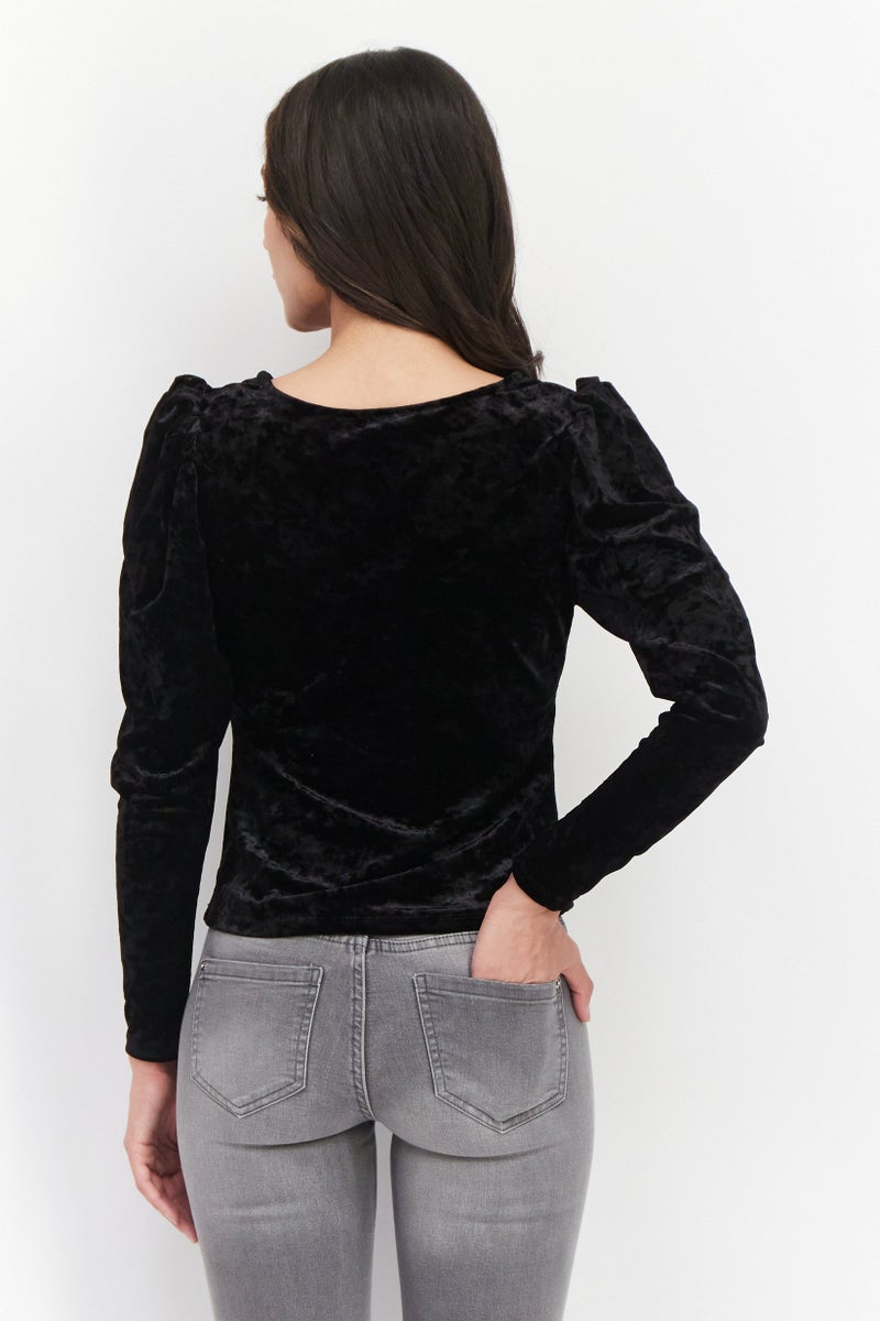 Women V-Neck Long Sleeves Textured Blouse, Black