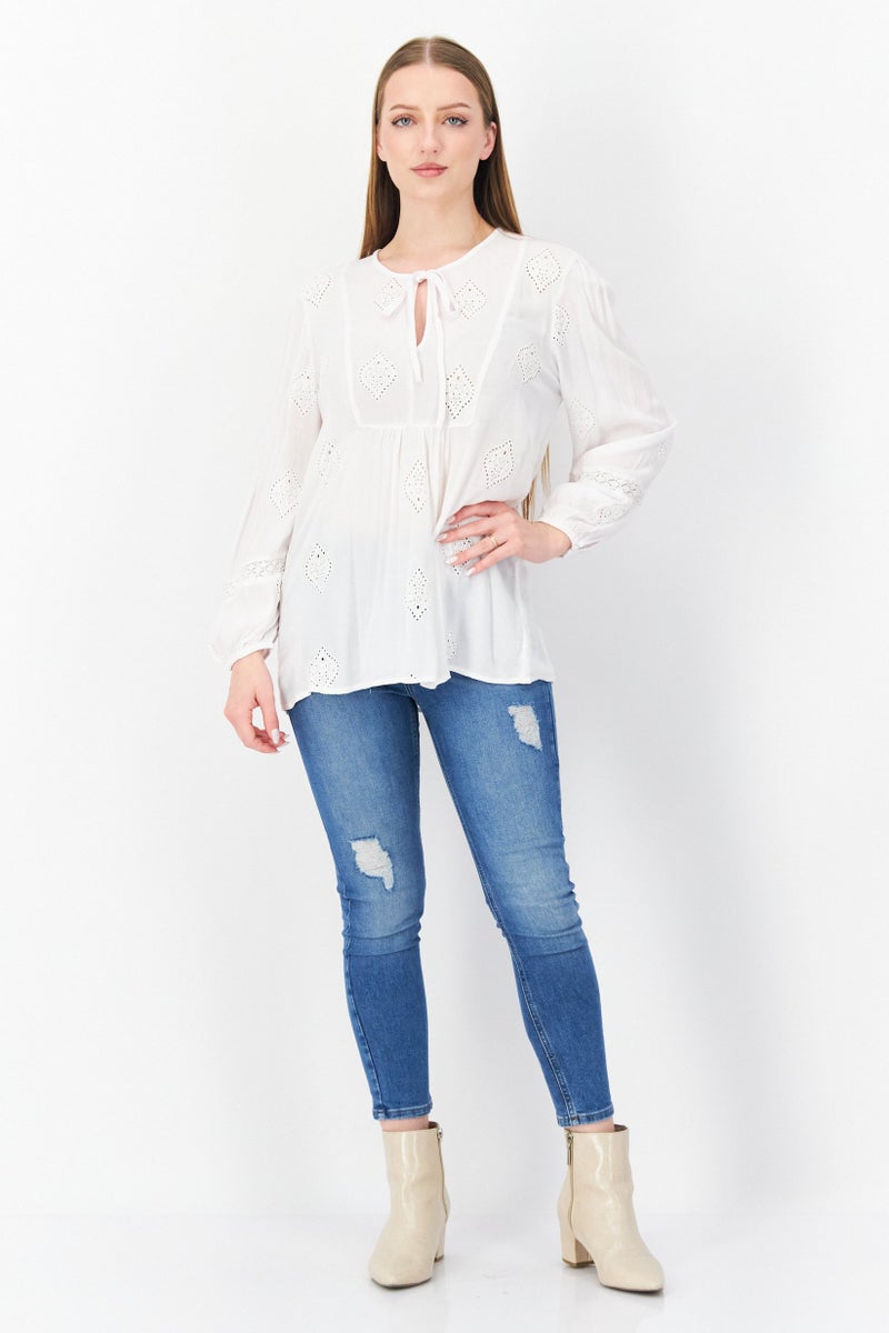 Women Tie Neck Long Sleeve Textured Blouse, White