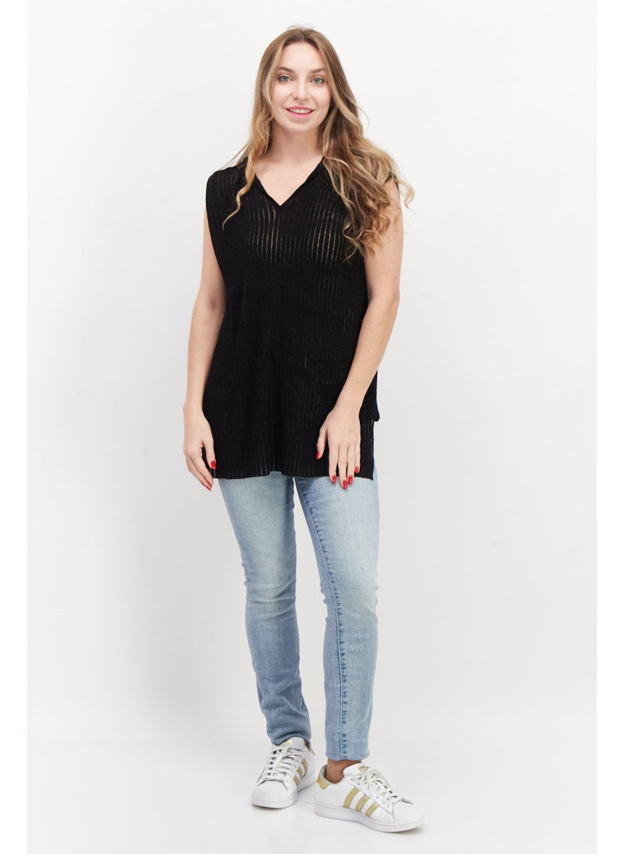 Women Hooded Sleeveless Textured Blouse, Black