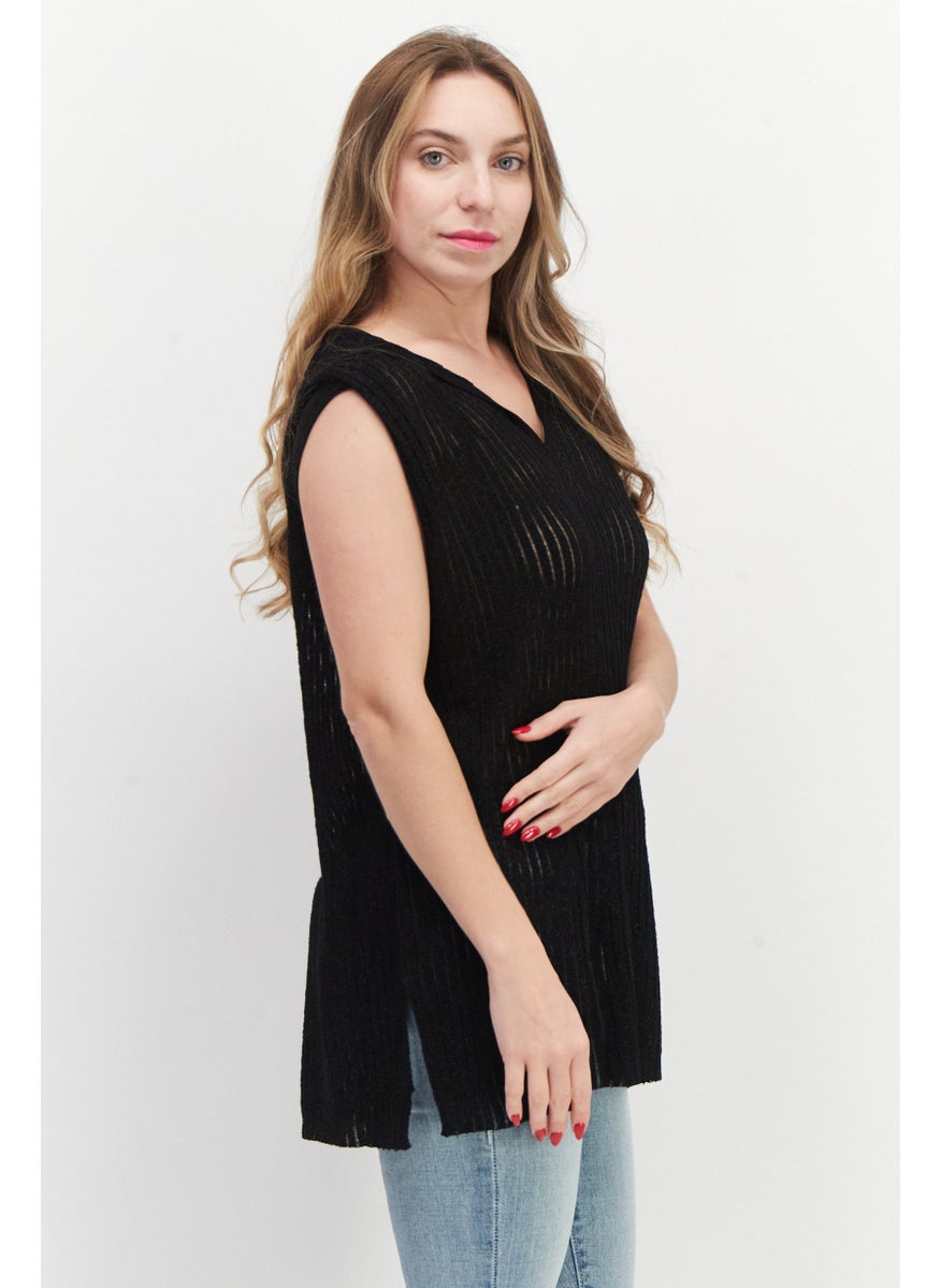 Women Hooded Sleeveless Textured Blouse, Black