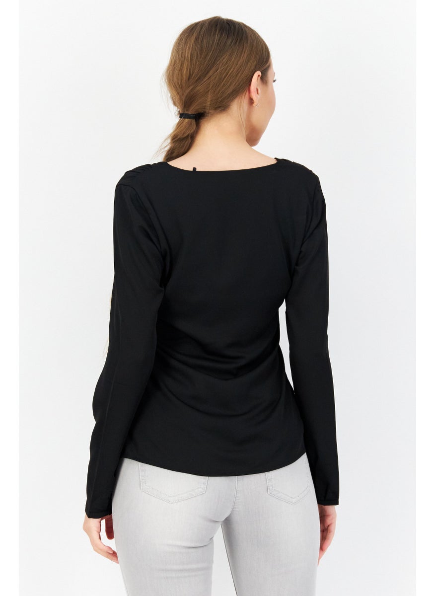 Women U Neck Long Sleeve Plain Blouse, Black