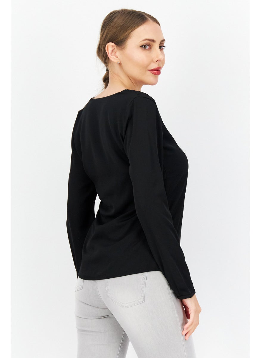 Women U Neck Long Sleeve Plain Blouse, Black